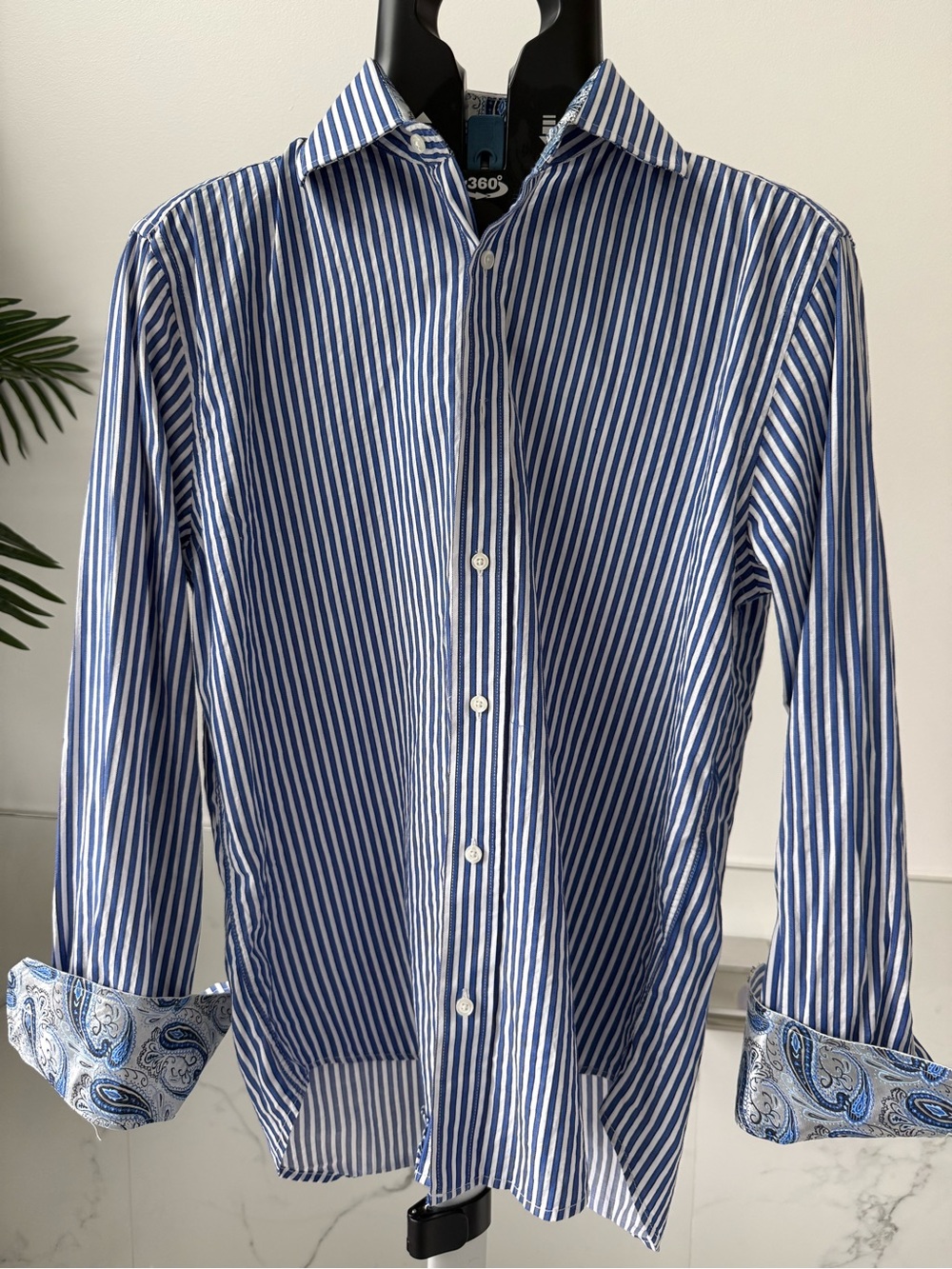 Christian Aujard Paris Men's S Blue White Striped Dress Shirt Paisley Flip Cuffs